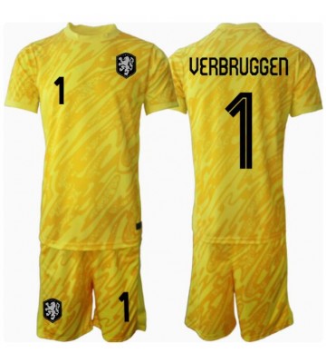 Netherlands Bart Verbruggen #1 Goalkeeper Replica Away Stadium Kit for Kids Euro 2024 Short Sleeve (+ pants)